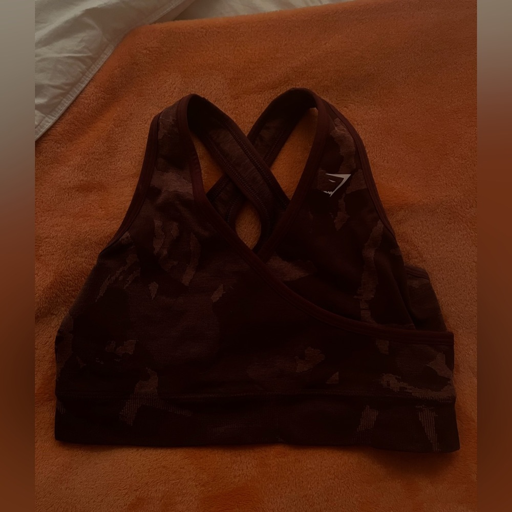 Cross-back maroon navy print Gymshark sports bra, size small.